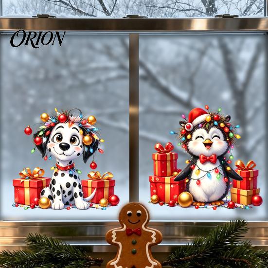 Removable Cartoon Glass Clings Christmas Spotted Puppy/Penguin Static Window Sticker, Cute Watercolor Animal Stickers with Colorful Lights &
