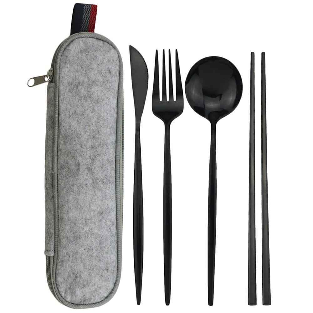

Портативный дорожный набор столовых приборов из нержавеющей стали, набор столовых приборов в западном стиле, нож, вилка, ложка, палочки для еды с сумкой, офисный работник, переноска набора столовых приборов чёрный
