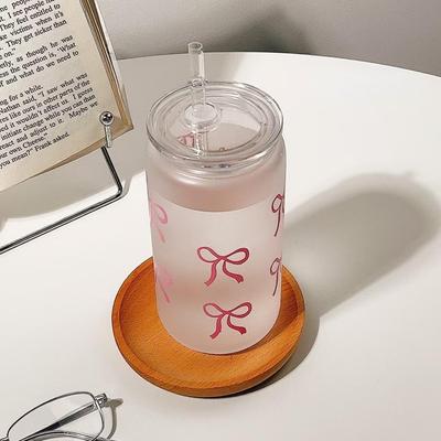 Roztomilý průhledný plastový hrnek na kávu 500 ml s víčkem a brčkem, mašlička, láhev na vodu, neformální styl, nápojové nádobí pro každodenní použití
