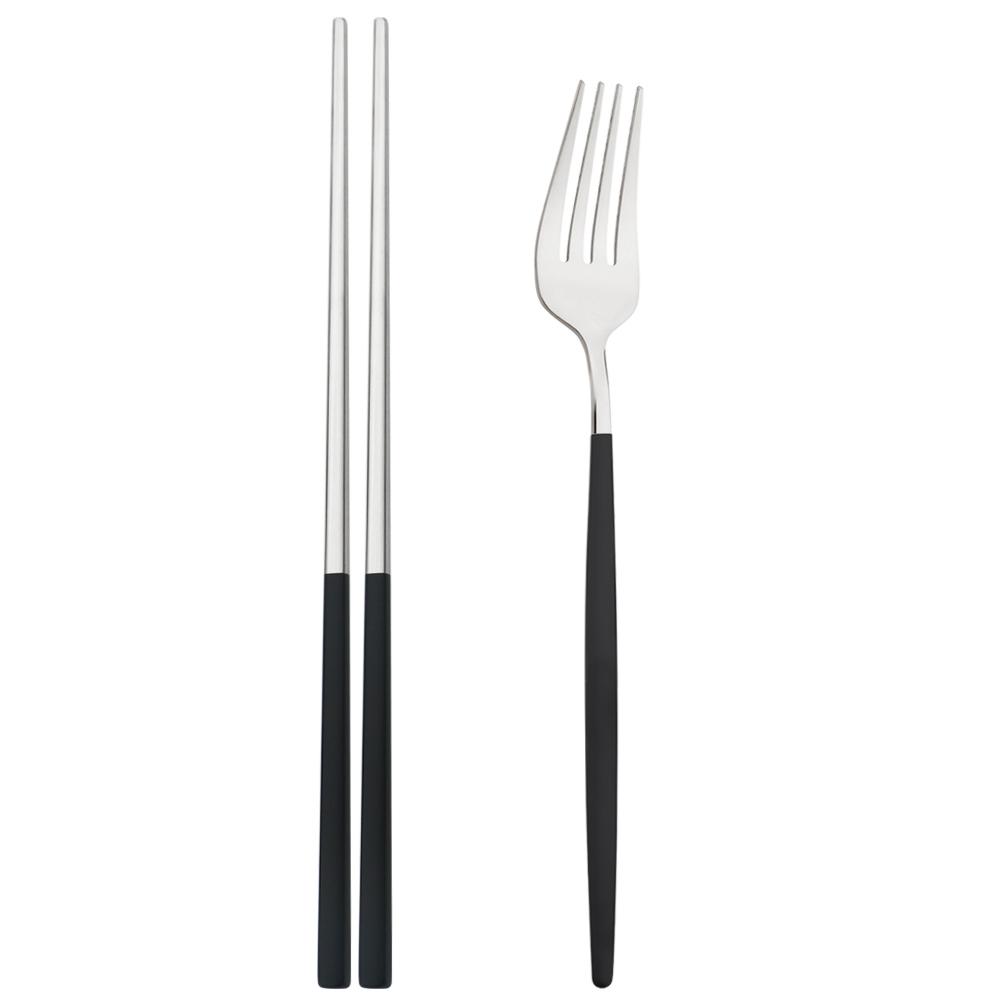 2Pcs Black Stainless Steel Set Cutlery Dinner Fork Chopsticks Portable Dinnerware Set Silverware Western Kitchen Home Tableware
