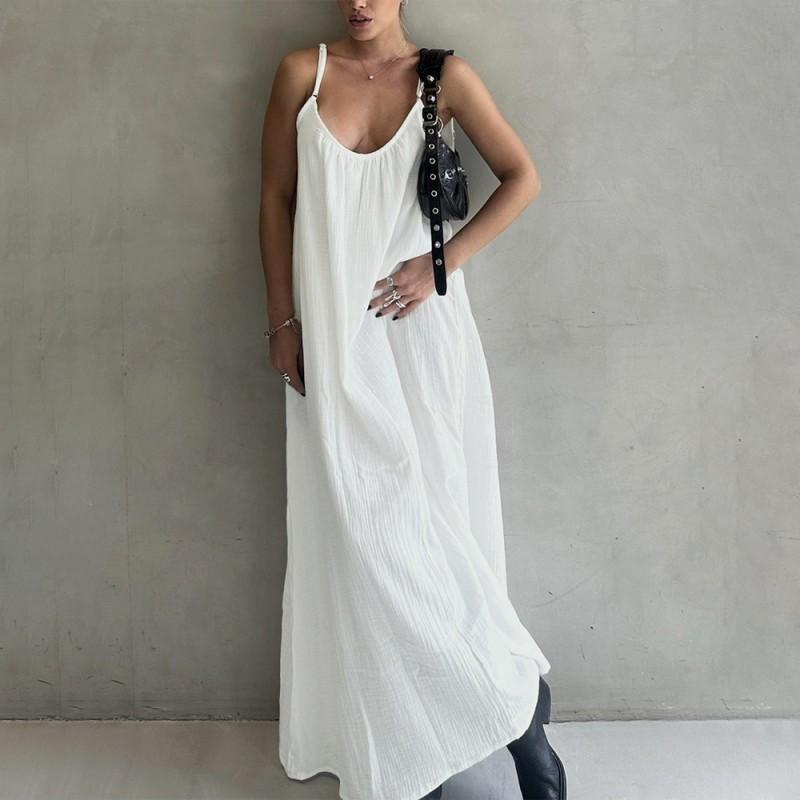 Womens Loose Cotton Slip Dress 2026 A-Line Maxi Low Neck Vacation Beach Outfit