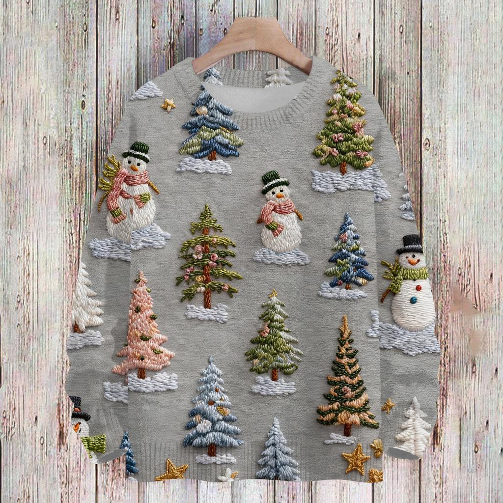 Ladies' Fashionable And Casual Christmas Cute Printed Round Neck Long Sleeved Knitted Yarn