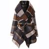 Women's Turn Down Shawl Collar Earth Tone Check Asymmetric Hemline Wool Blend Coat