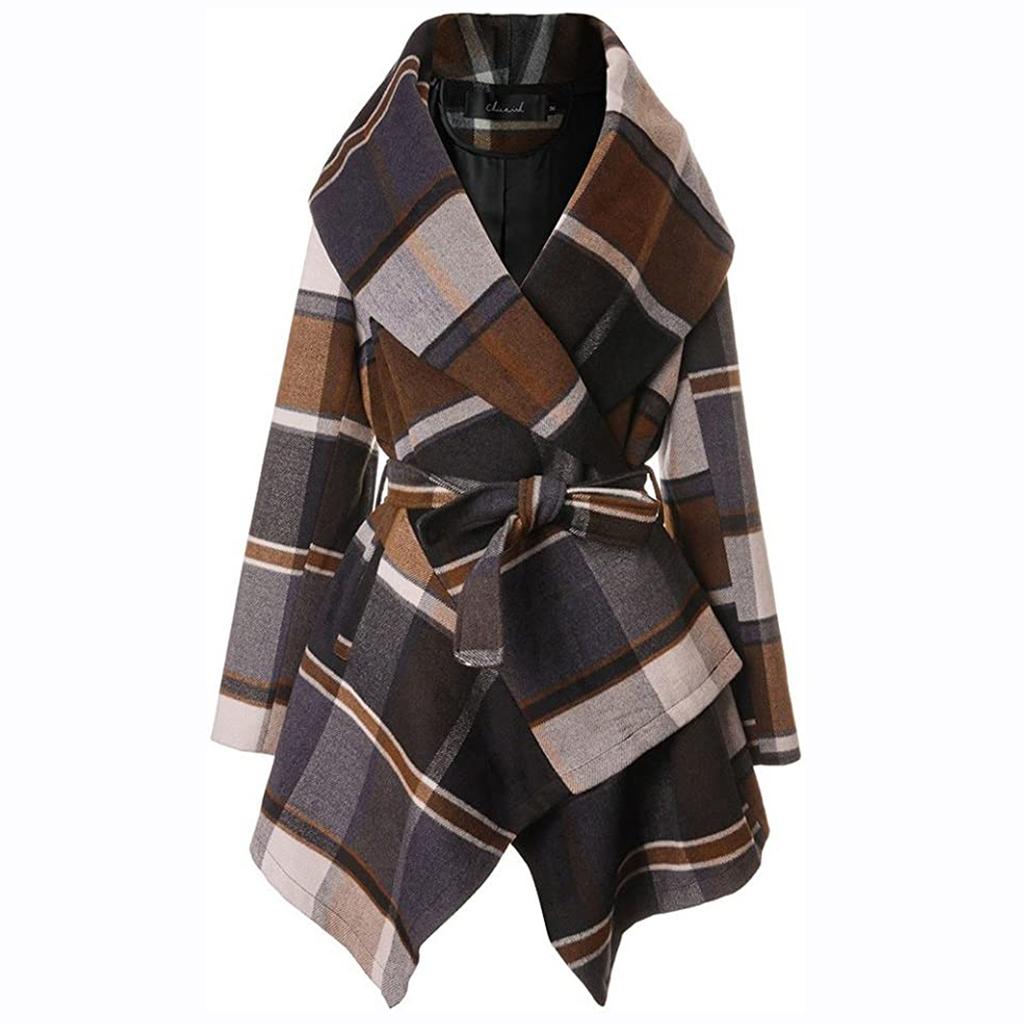 Women's Turn Down Shawl Collar Earth Tone Check Asymmetric Hemline Wool Blend Coat