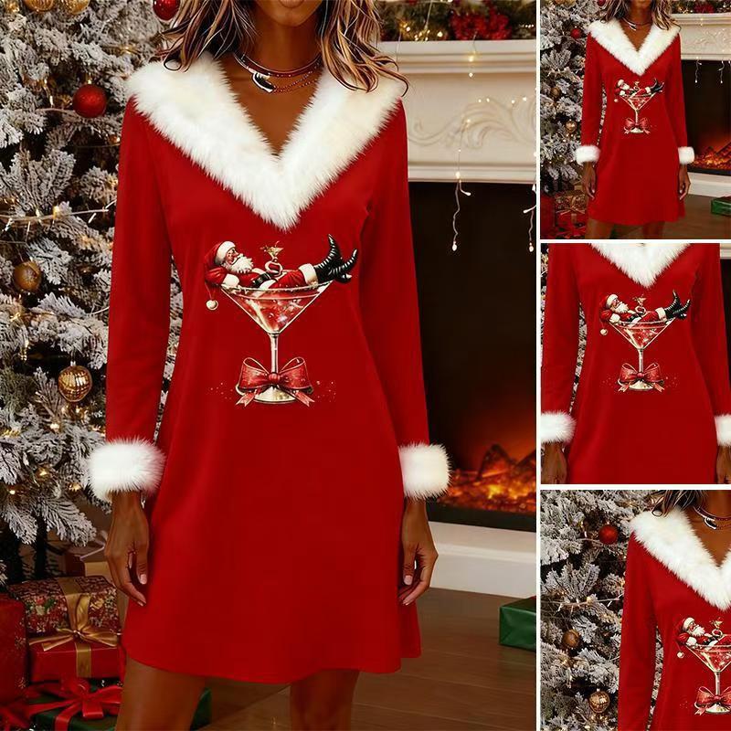 Damen V-Ausschnitt Langarm Strickkleid Weihnachtsdruck A-Linie Midi Winter Freizeitkleidung