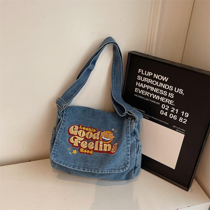 Large Capacity Denim Bag Student Class Crossbody Bag Letter Embroidery Women Commuter Tote Bag