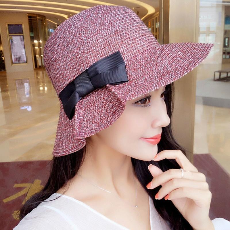 Women Summer Folding Wide Large Brim Shape Beach Sunscreen Cap Cute Big Bow Solid Straw Outdoor Hats Sun Hat