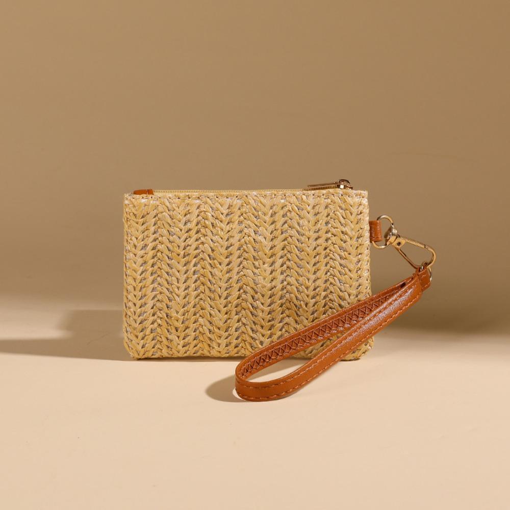 Casual Wristlet Clutch Weaving Bag Solid Straw Lightweight Beach Wallet Coin Purse