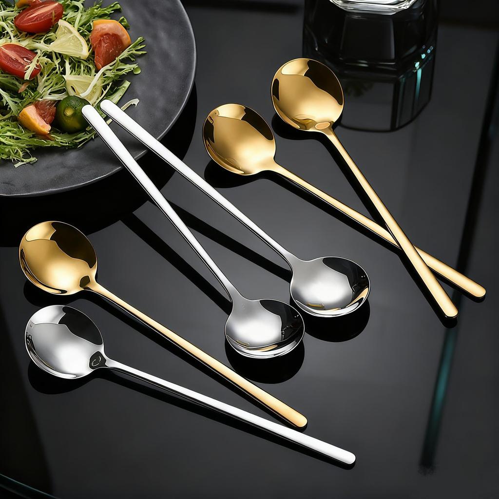 304 Stainless Steel Long Handle Korean Round Spoon - Ideal for Coffee Stirring, Desserts, Bird's Nest, and Ladling.