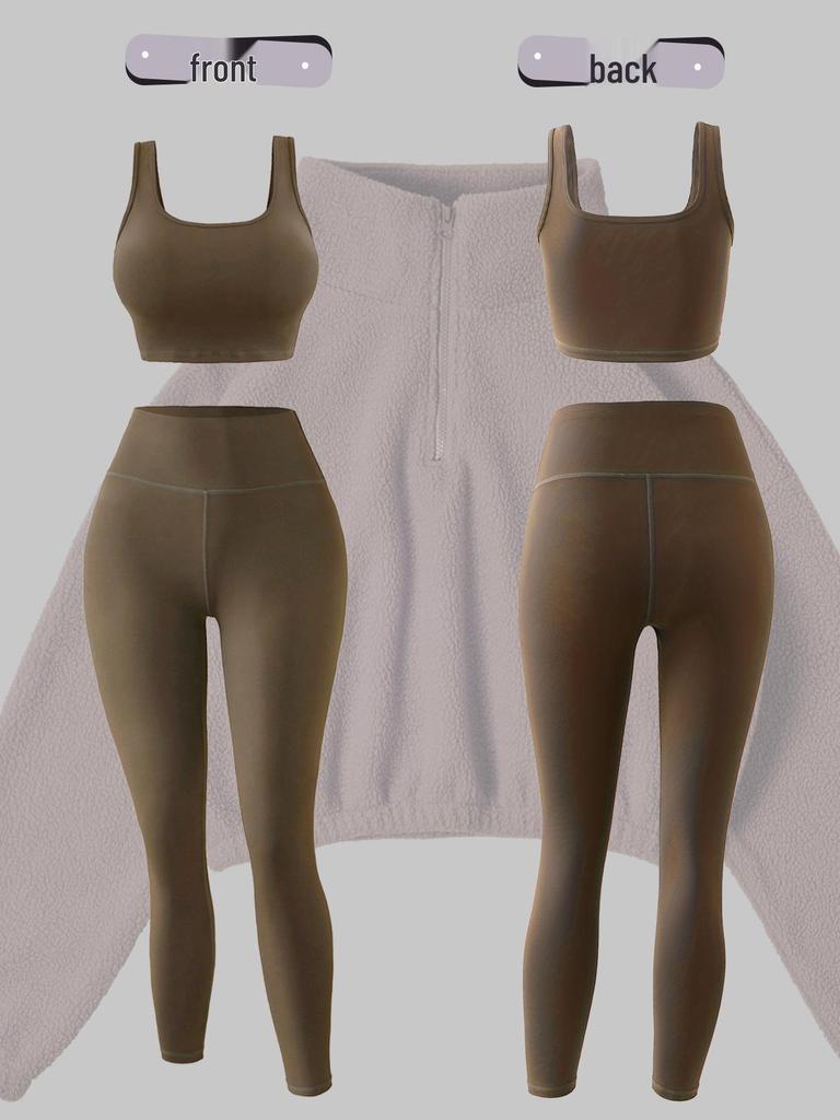 European & American Autumn/Winter Women's Fleece Three-Piece Set: High-Neck Half-Zip Sweatshirt, Vest, and Long Pants for Fitness.