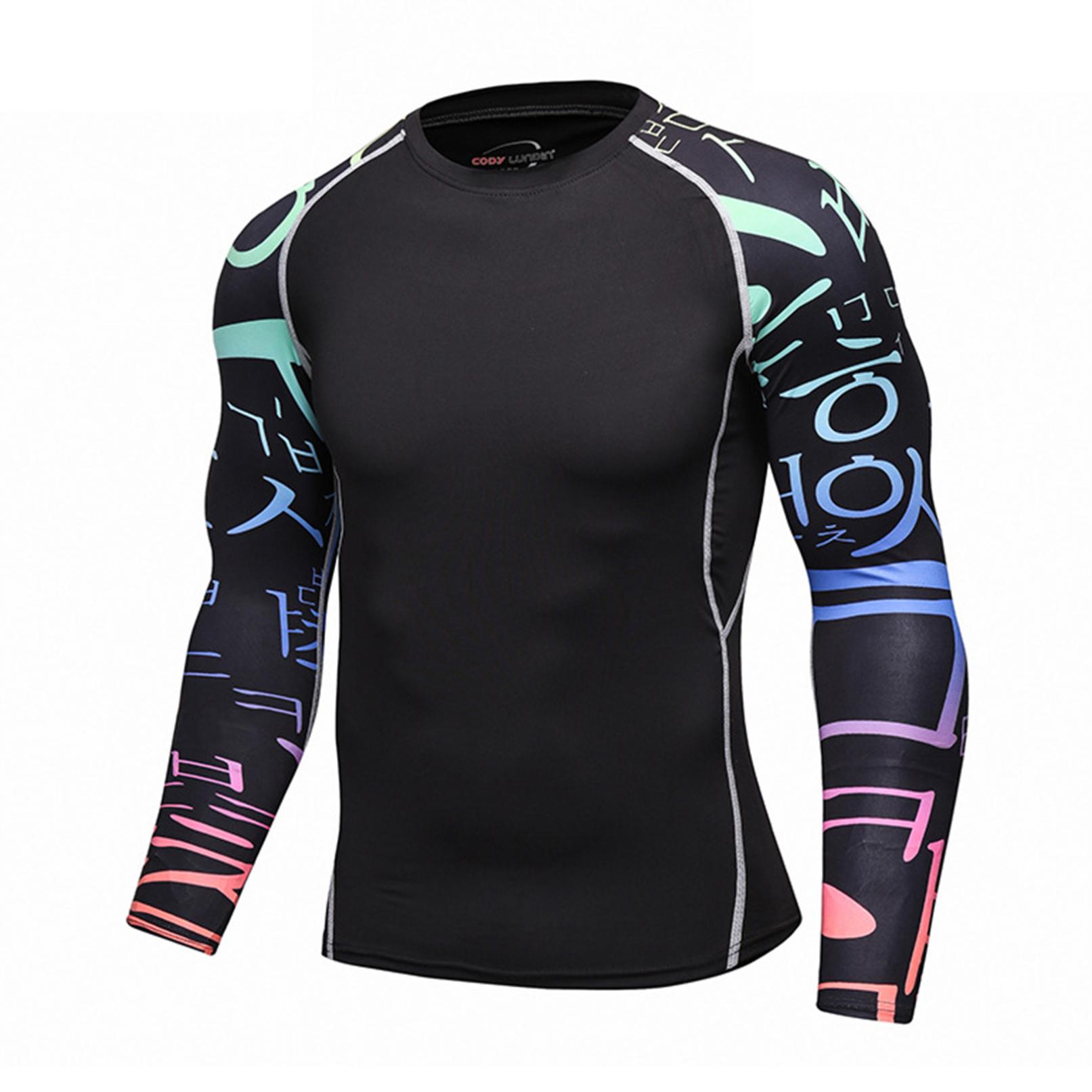 YOOJIA Heren sport strak T-shirt compressie Rashguard lange mouw hoge elastische print fitness tops M