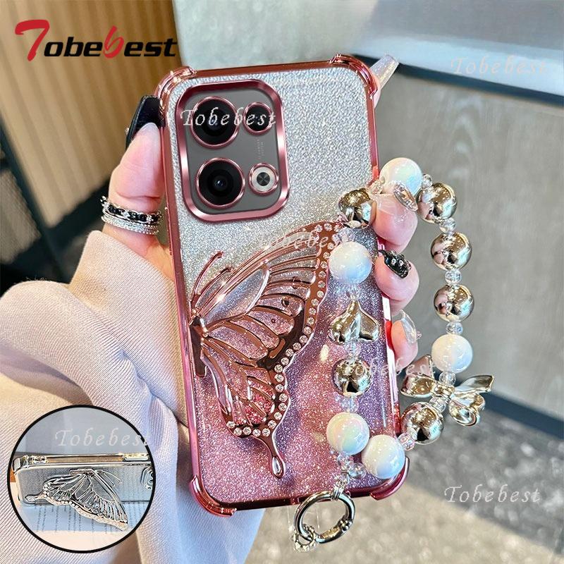Glitter Shockproof Plating Quicksand Butterfly Bracelet Case for OPPO Reno 13 13F 14 14F 12 12F 11 11F 10 Pro Plus Cover
