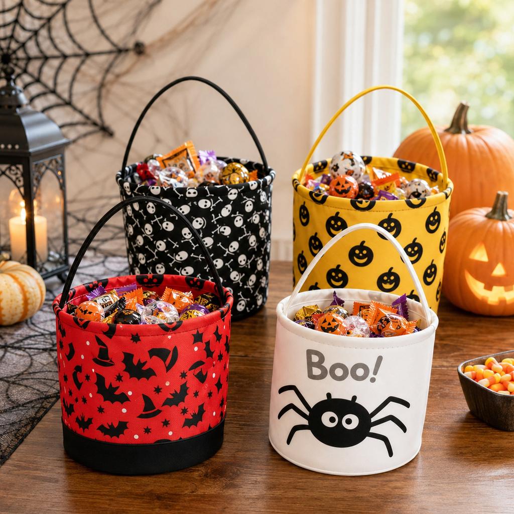 Canvas Storage Basket Halloween Pattern Candy Container with Handle for Organization and Storage Indoor Outdoor Use
