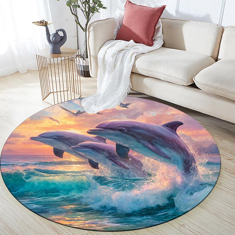 Dolphins Round Area Rug,Carpet Rug for Living Room Bedroom Sofa Playroom Decor,Non-slip Floor Mat