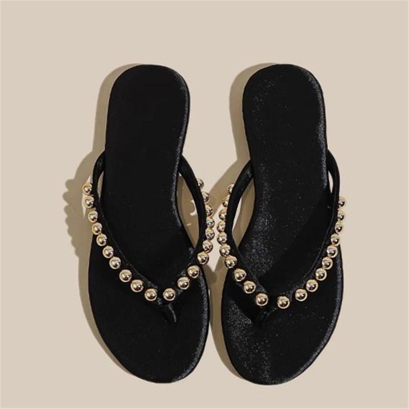 Spring and Summer Footwear Plus Size Retro Solid Color Sandals Flat Toe Rhinestone Women's Shoes Sandals Slippers.