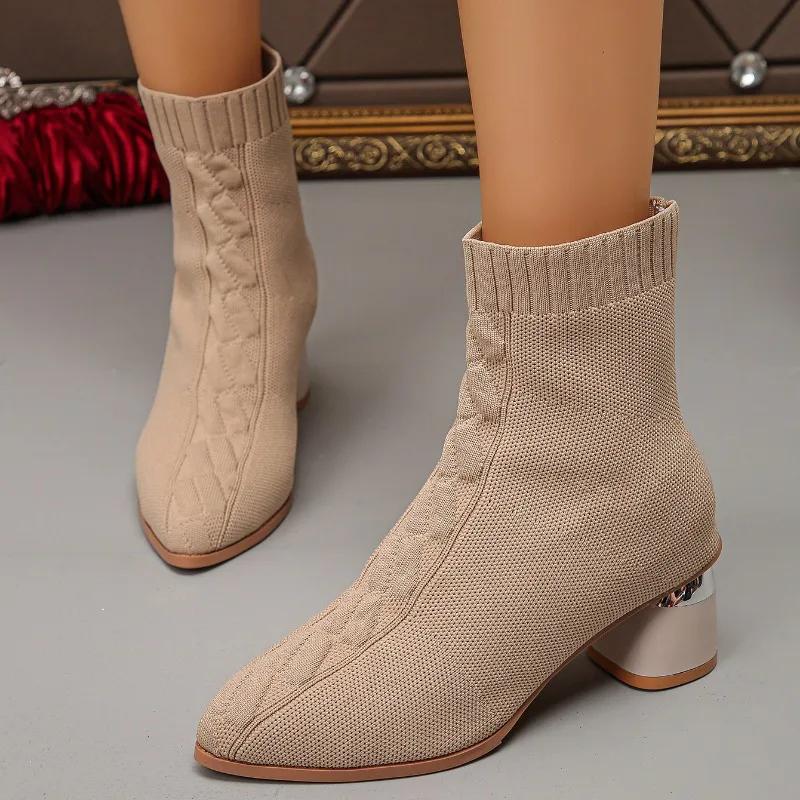 Fashion 2024 Plus Size Ladies Shoes Ankle Women's Boots Elegant Knitted Boots Women Pointed Toe Slip On Chunky Heels Shoes Women Zapatos
