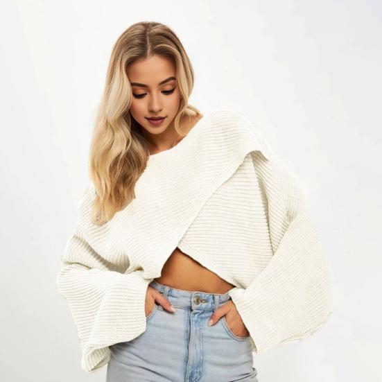 Women Sweater O-Neck Batwing Long Sleeve Solid Color Loose Fit Knitting Tops