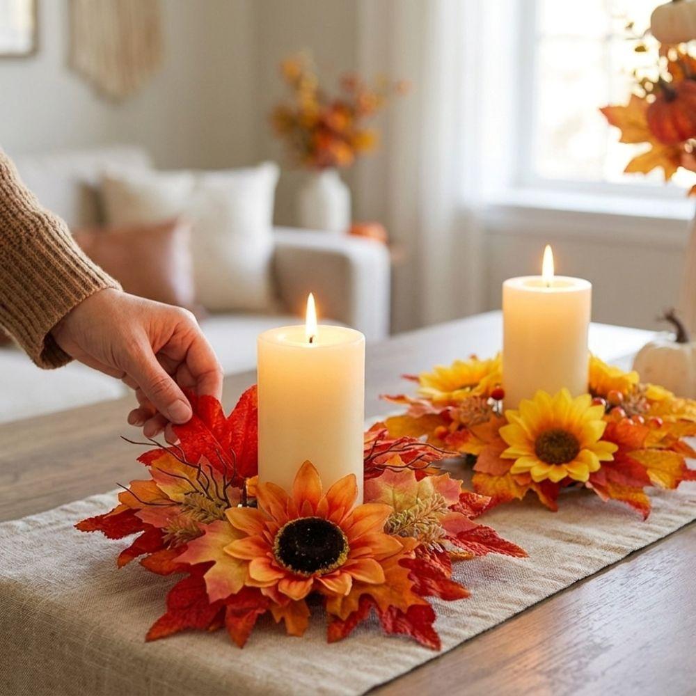 Fade Resistant Sunflower Maple Candle Ring Wreath Harvest Pillar Candle Surround Ring Home Decor