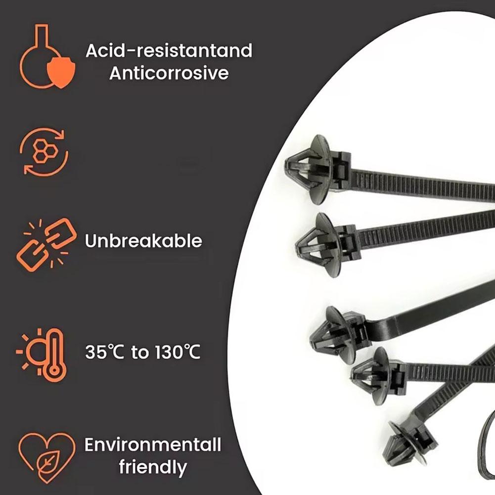 Nylon Universal Cable Tie Buckle Heavy Duty Self-Locking Zip Ties Holder with Pin Fasteners Car Body UV Resistant Zipties