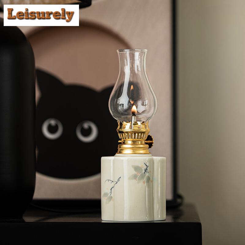 Hand-painted Ceramic Butter Lamp Camping Atmosphere Home Tealight Kerosene Chinese Tea Room Creative Decoration Ornament Crafts