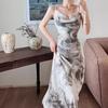 Spring/Summer V-Neck Off-Shoulder Chinese Ink Print Dress - Slim Fit, Backless, Hip-Hugging Long Dress