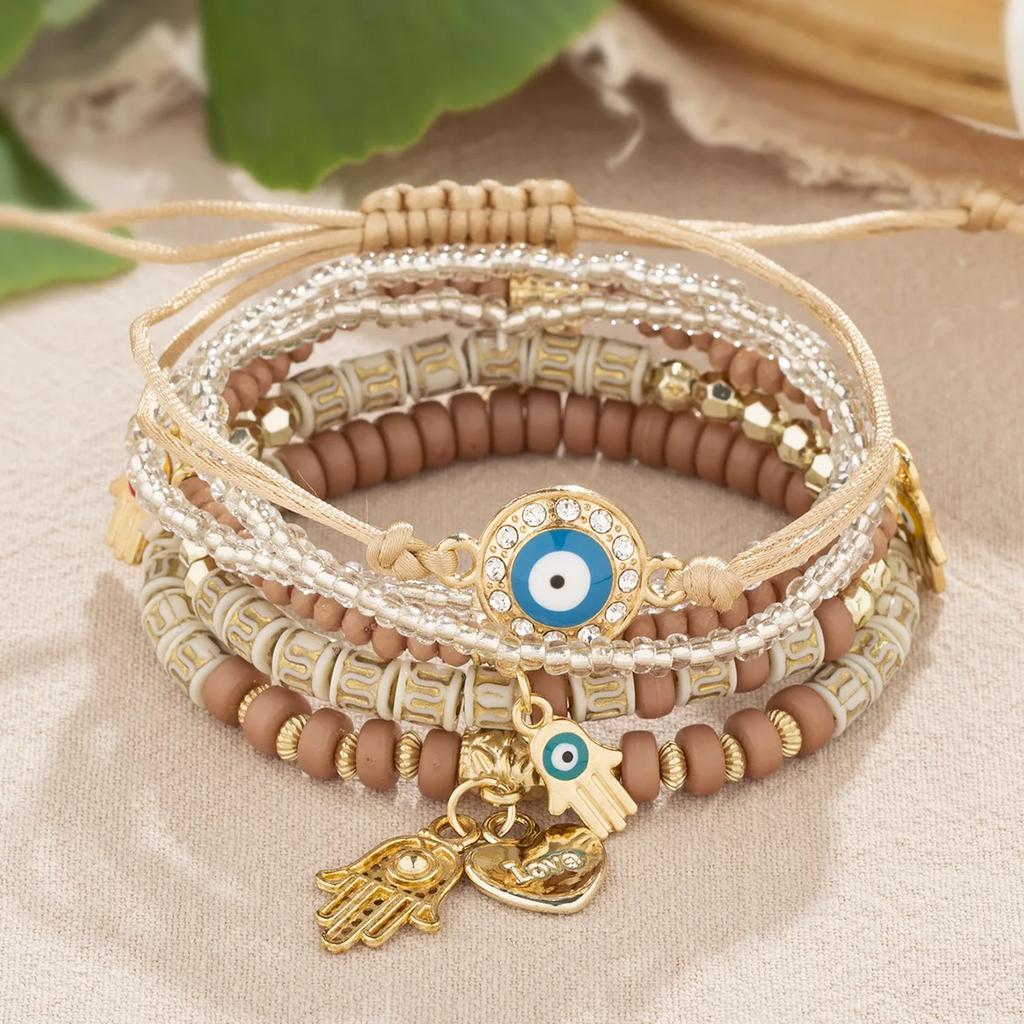 Bohemian Handmade Bracelet Set For Women Fatima Hand Evil Eye Heart Charm Adjustable Rope Chain Bangle Men Daily Wear Jewelry