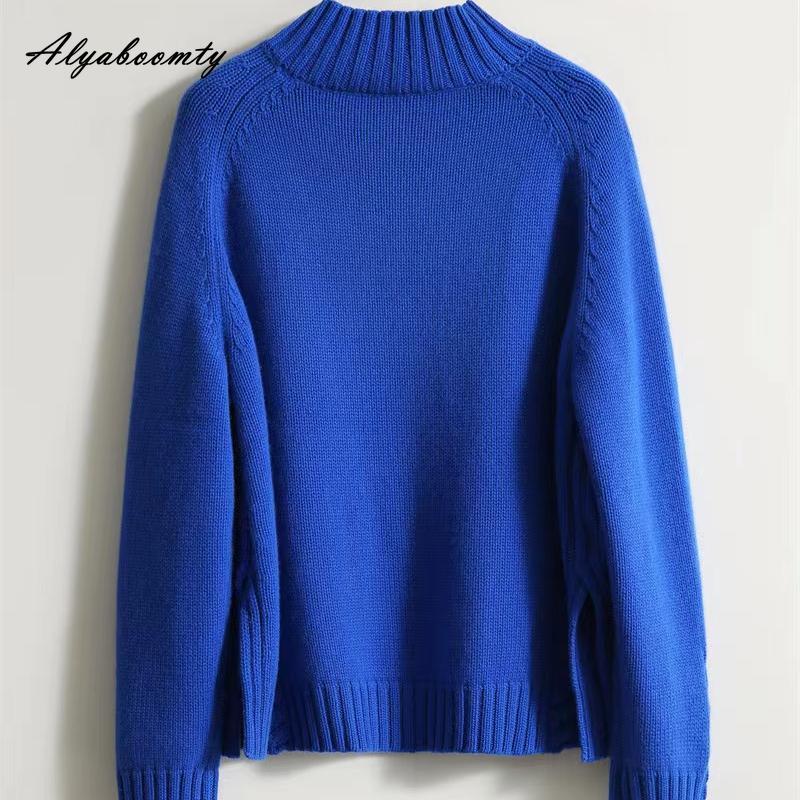 Korean Fashion Herbst Winter Frauen Casual Lose Pullover Halb Hohen Kragen Blau Beige Grün Gestrickte Pullover
