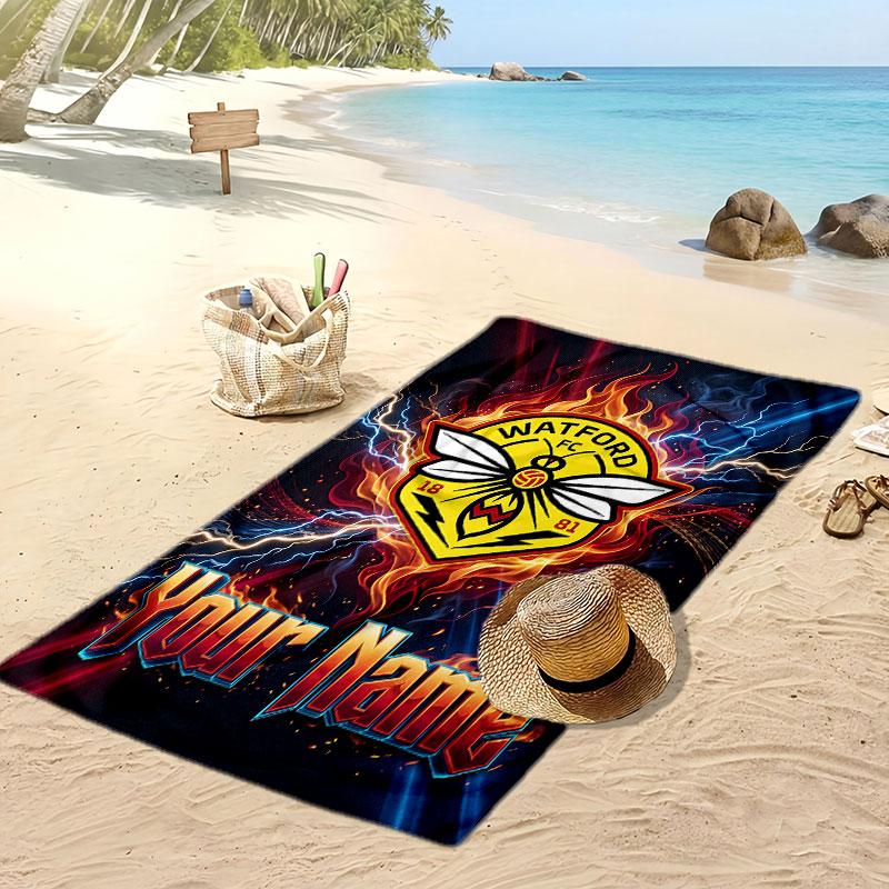 Watford FC Personalized Printed Beach Towel Soccer Logo Support Custom Name Text Absorbent Towel For Sport Travel Special Gift