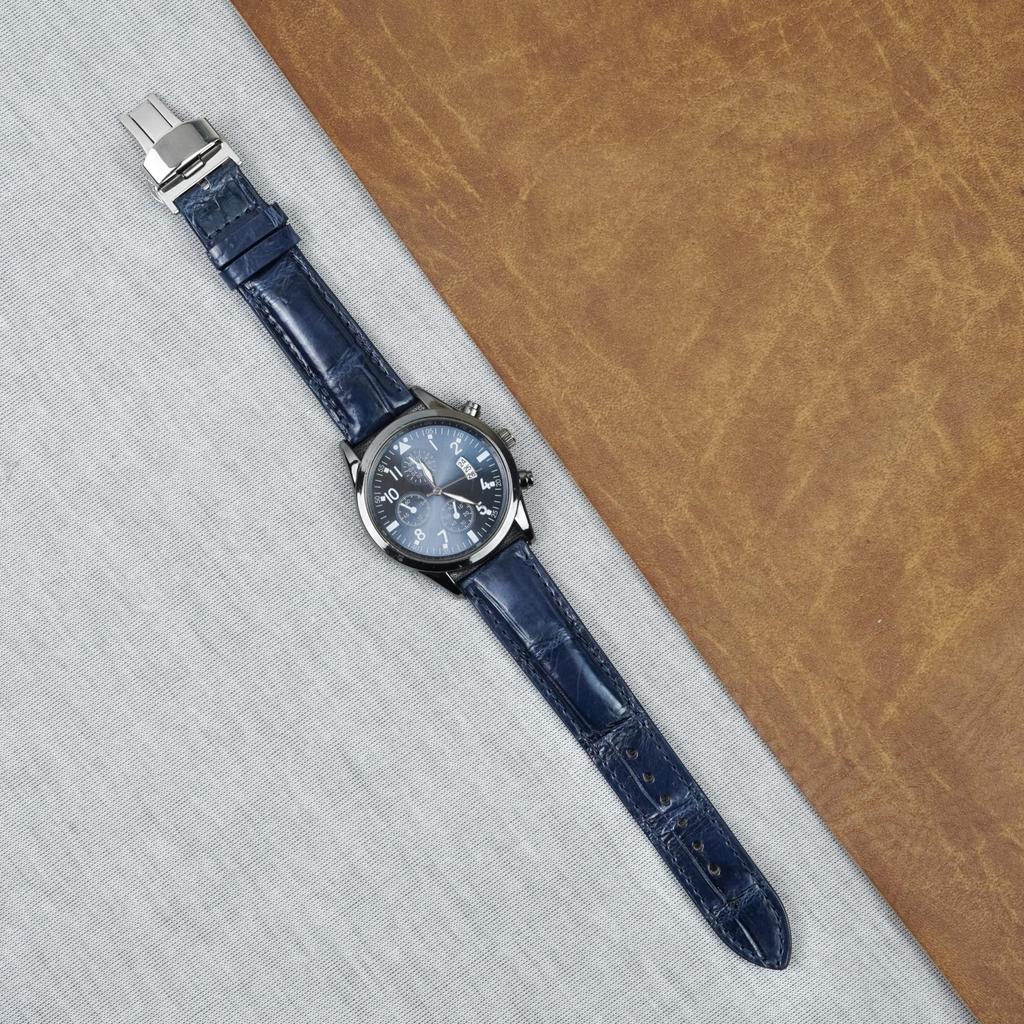 [vinacreations] 20mm Navy Blue Crocodile Watch Strap with D-Buckle, Men's Crocodile Replacement Watch Band with Quick Release Spring Bar, Silver Wrist