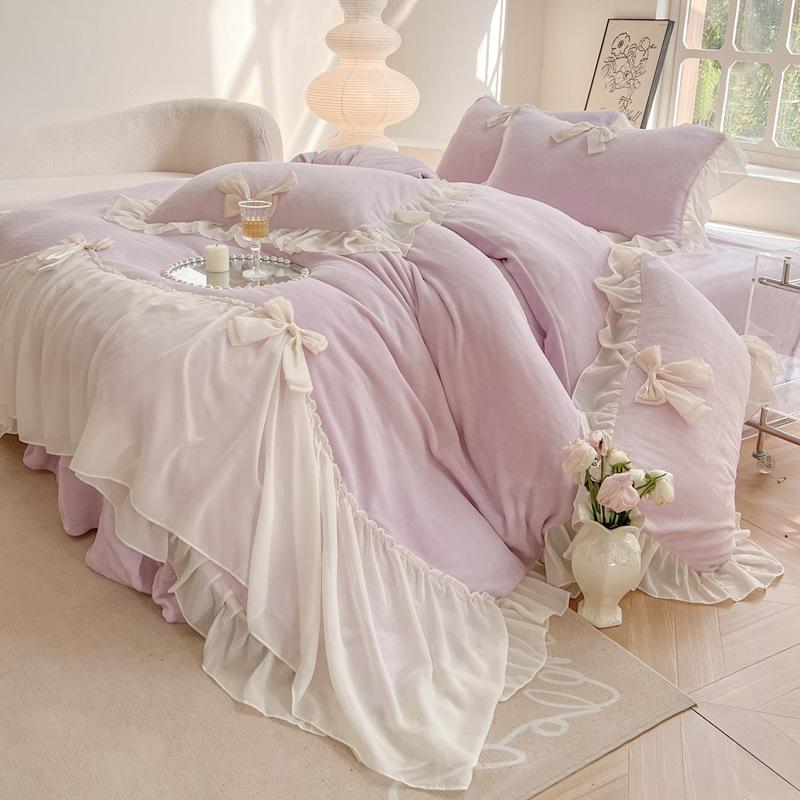 

Зимний флис Утолщенный Комплект постельного белья Четыре предмета Французский Сказочный Розовый Принцесса Ветер Плюшевый Пододеяльник Коралловый Молочный Флис Простыни 1.2m bed