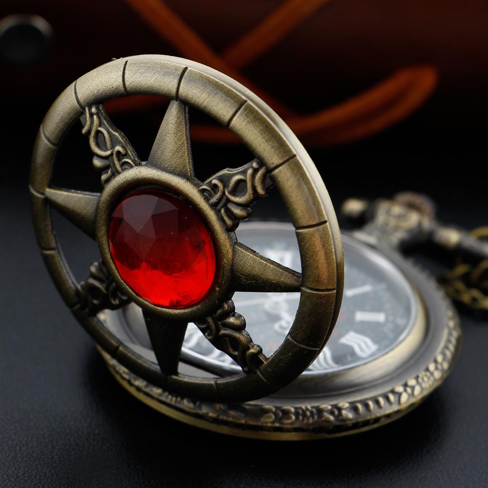 Magischer Rubin Pentagramm Quarz Taschenuhr Vintage Gentleman Stil Serie Halsketten Anhänger Uhr Gedenkgeschenk