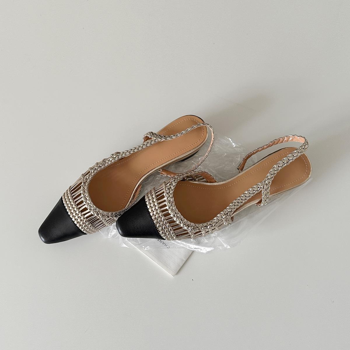 

Sheepskin version~ French woven hollow temperament bag head sandals women s rear strap small fragrant wind pointed thick heel cool slippers 40