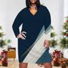 Women Plus Size V Neck Long Sleeve Radial Printed Black Orange Beige Straight Hem Dress