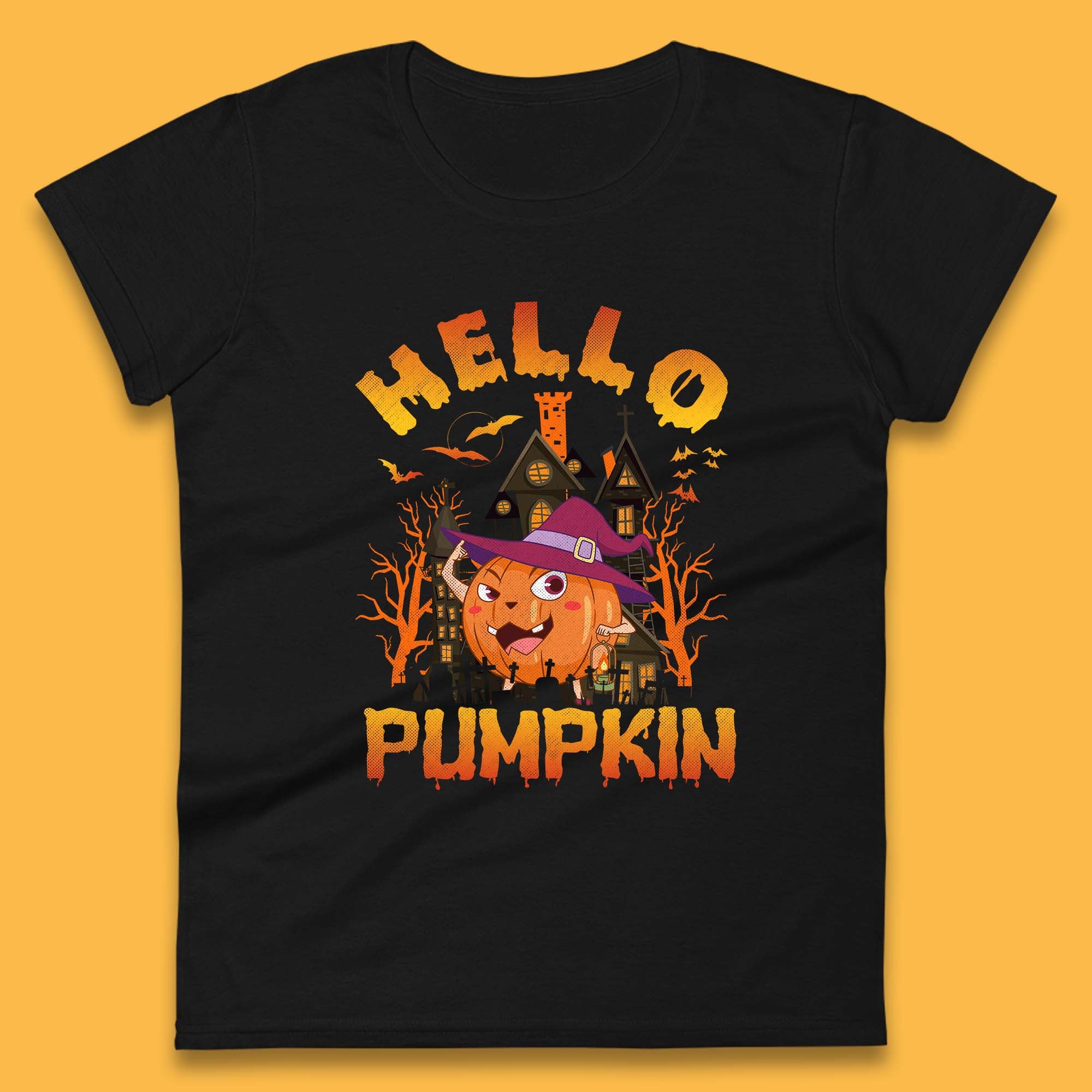 

Hello Pumpkin Cartoon Halloween Pumpkin With Witch Hat Devil Smile Haunted Castle Womens Tee T Shirt Mens Tops Unisex Top 4XL