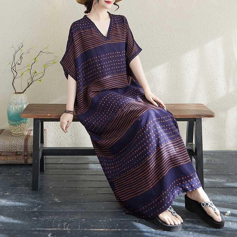 Real Summer New Cotton and Linen Printing V-neck Loose Large Size Simple Holiday Style Long Skirt Women's Beach Skirt Thin