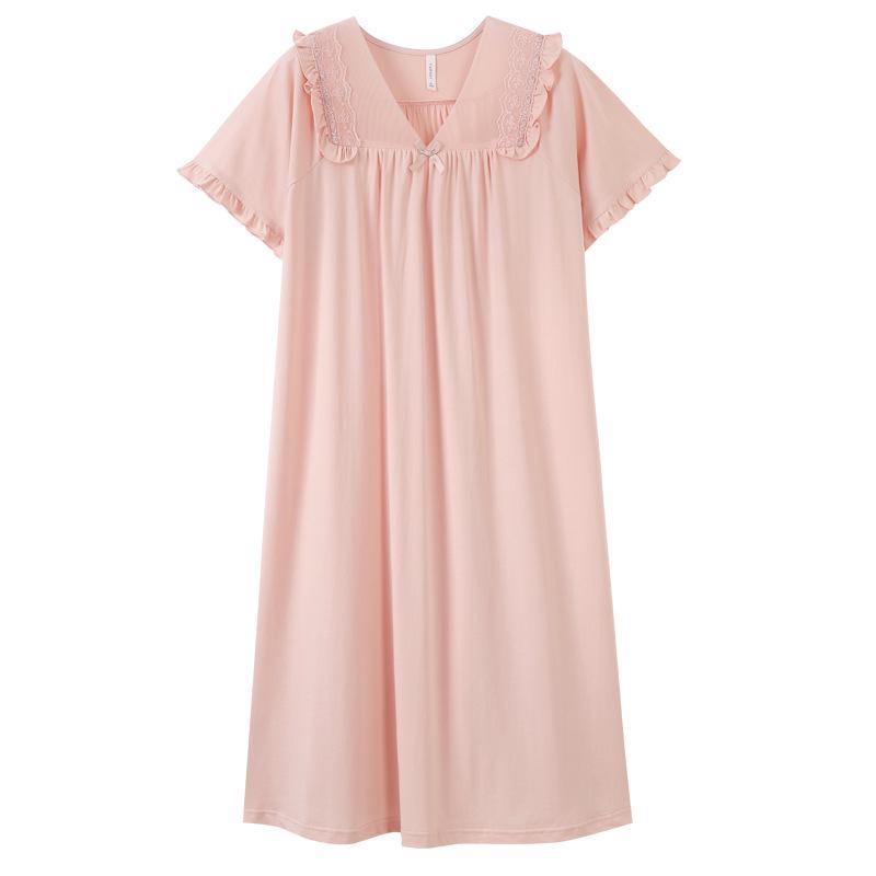 Women's Summer Court Style Lace Pajama Dress, Pure Cotton, Short Sleeve, Plus Size, Mid-Length, Wearable Outdoors, High-End Feel