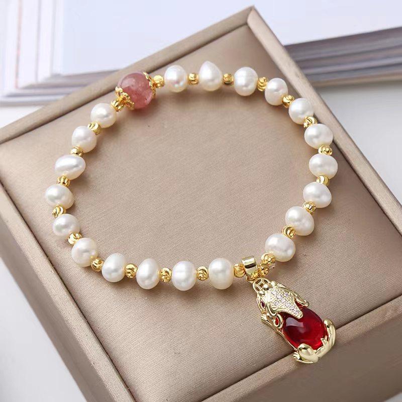 

Natural freshwater pearl bracelet strawberry crystal Pixiu pendant Bangles Women Fashion Jewelry accessories Gift