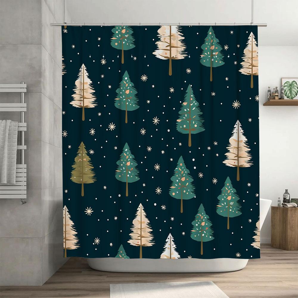 Modern Christmas Tree Shower Curtain Blue Floral Pattern with White Stars for Bathroom Decoration Waterproof Fabric Shower Panel