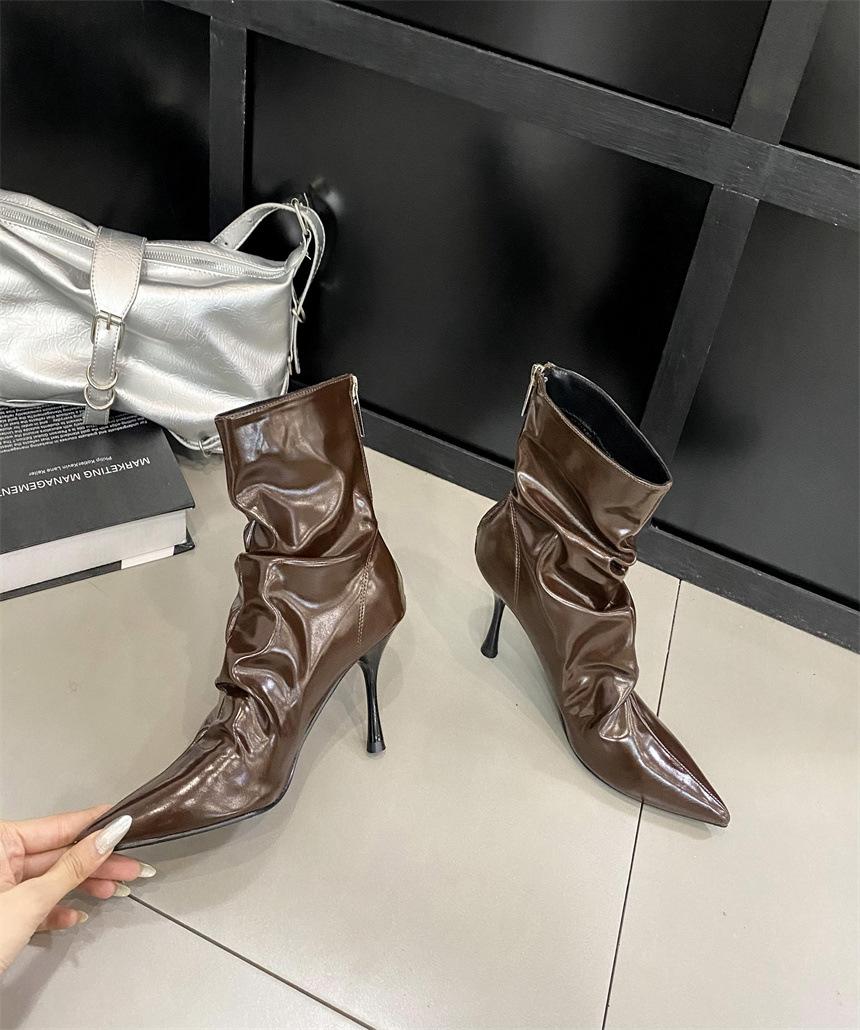 

2025 autumn new pointed thin heel European and American fashion short heel short boots 40 светло-коричневого