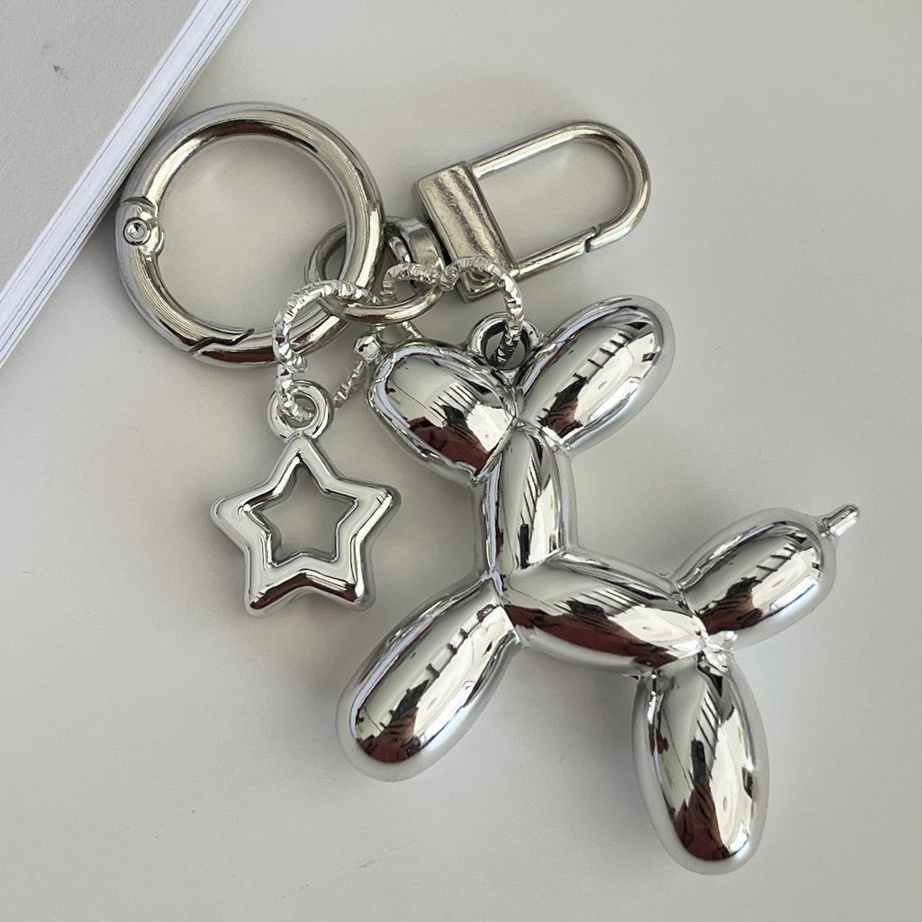 Silver Star Keychain Plastic Balloon Dog Key Ring For Women Girls Friendship Gift Car Handbag Decoration Handmade Jewelry