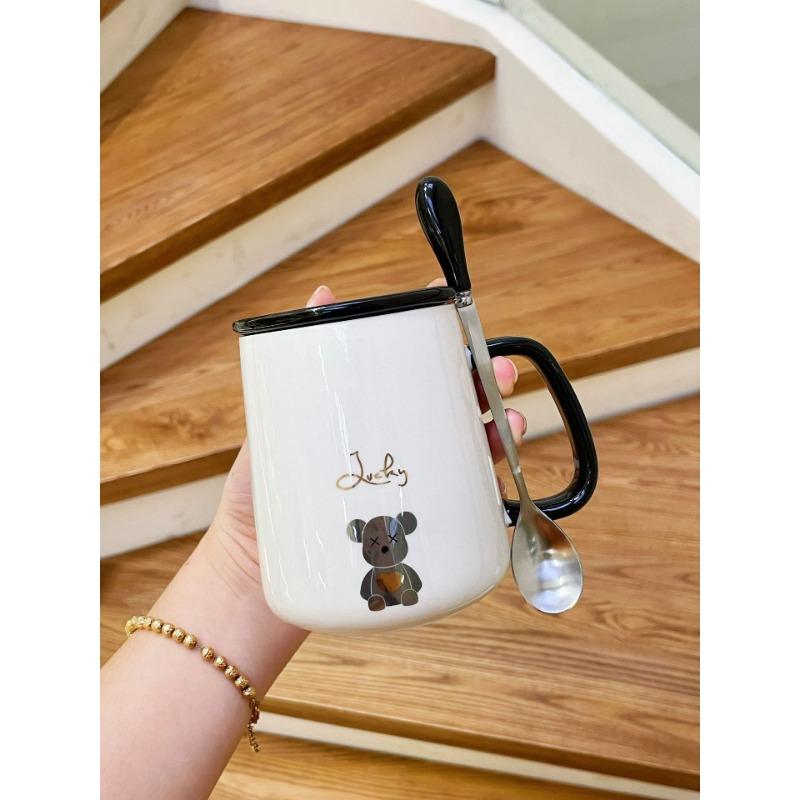 Mug with Lid Spoon Ceramic Cup for Women Home Couple Water Cup Office Coffee Cup for Boys Tea Cup High Appearance
