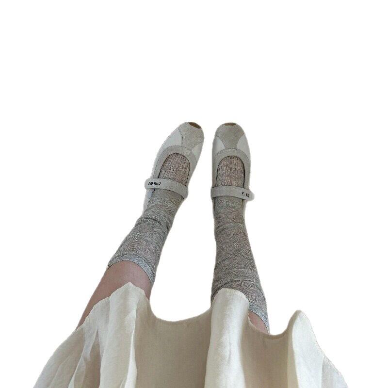 Women Japanese Ballet White Stackable Socks, Spliced Vertical Pattern Mesh Breathable Mid‑Calf Stockings
