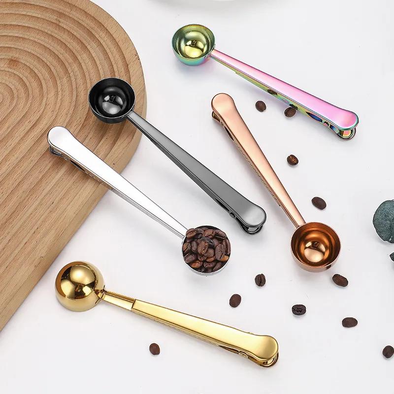 Multifunctional Coffee Scoops with Clip Powder Flour Measuring Tools Stainless Steel Bake Spoons Measure Spoons Food Sealing Clip Reusable Ya1025