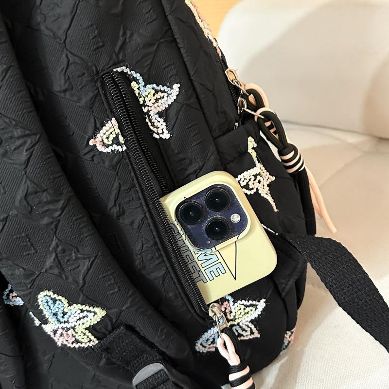 Butterfly Embroidery Backpack Casual Daily Bag Large Capacity School Bag for Students Commuters Minimalist Fashion Design with Tassel Details