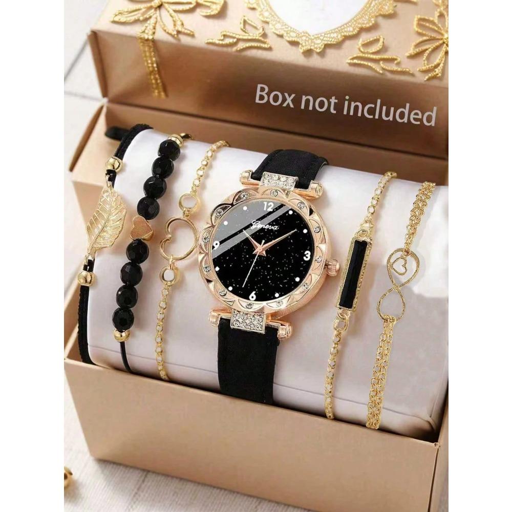 Watch Ladies Light Luxury Niche Diamond Dial Quartz Watch PU Leather Strap Watch Bracelet Set