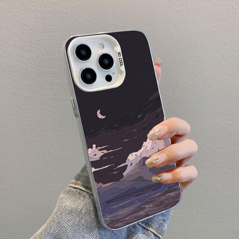 Anime Sky Landscape Art Painting Laser Phone Case For iPhone 12 13 Mini Pro Max 11 14 16 15 Pro Max Plus Shockproof Cover Fundas