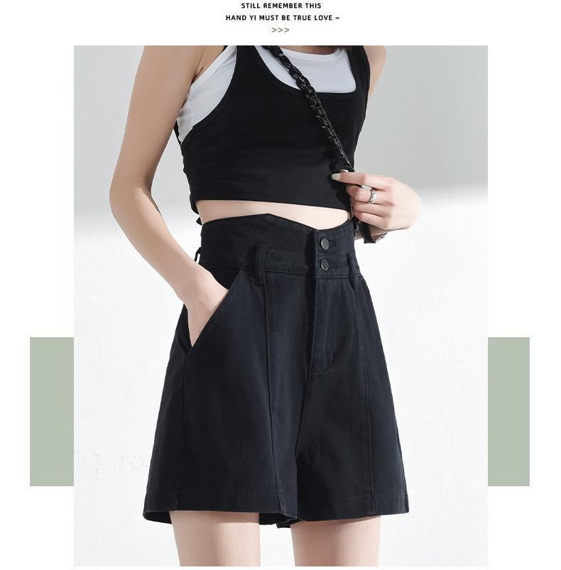 Women's Black Denim High-Waist A-Line Shorts - Spring 2026, Slimming, Plus Size, Trendy, Loose Fit.