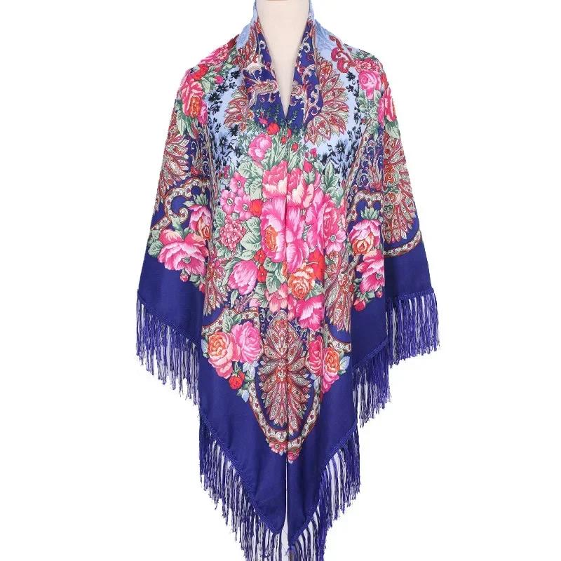 160*160Cm Ethnic Large Square Scarf For Woman Shawls Tassel Floral Print Headscarf Turban Wraps Russian Babushka Bandana Blanket