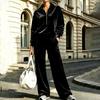 Women's Casual Velvet Two Piece Set with Half Zip Collared Top and Wide Leg Pants