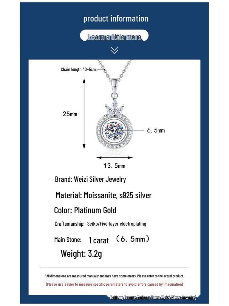 Sterling Silver Moissanite Crown Pendant Necklace for Women - 1 Carat S925 Dynamic Necklace